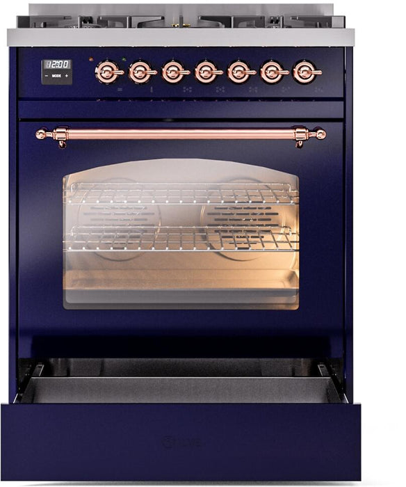 ILVE Nostalgie II 30" Dual Fuel Liquid Propane Range, Blue, Copper Trim UP30NMPMBPLP