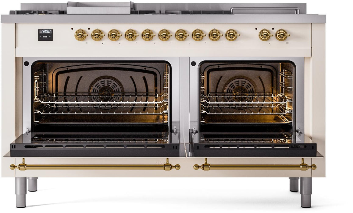 ILVE Nostalgie II 60" Dual Fuel Liquid Propane Range, Antique White, Brass Trim UP60FSNMPAWGLP