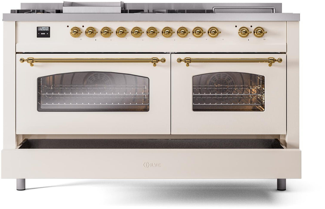 ILVE Nostalgie II 60" Dual Fuel Liquid Propane Range, Antique White, Brass Trim UP60FSNMPAWGLP