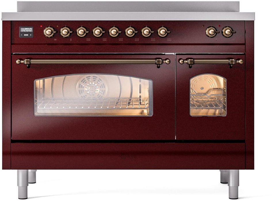 ILVE Nostalgie II 48" Electric Range, Burgundy, Bronze Trim UPI486NMPBUB