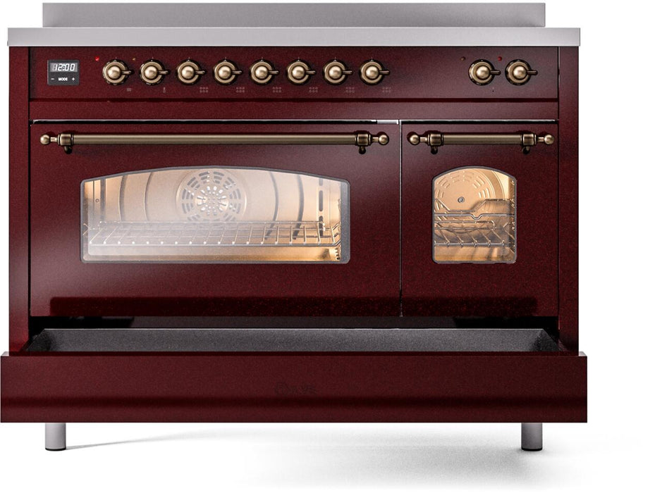 ILVE Nostalgie II 48" Electric Range, Burgundy, Bronze Trim UPI486NMPBUB