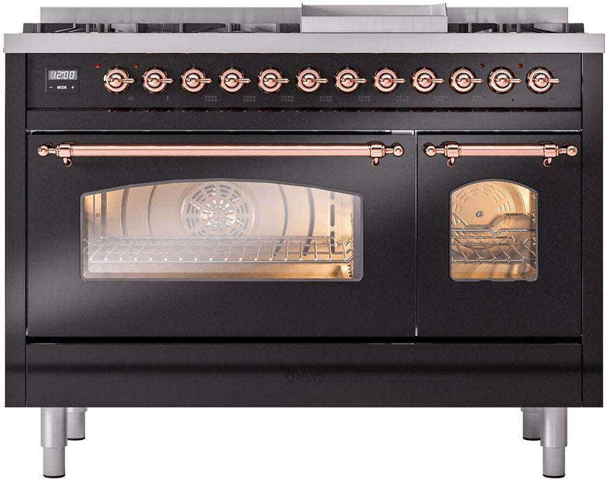 ILVE Nostalgie II 48" Dual Fuel Liquid Propane Range, Glossy Black, Copper Trim UP48FNMPBKPLP