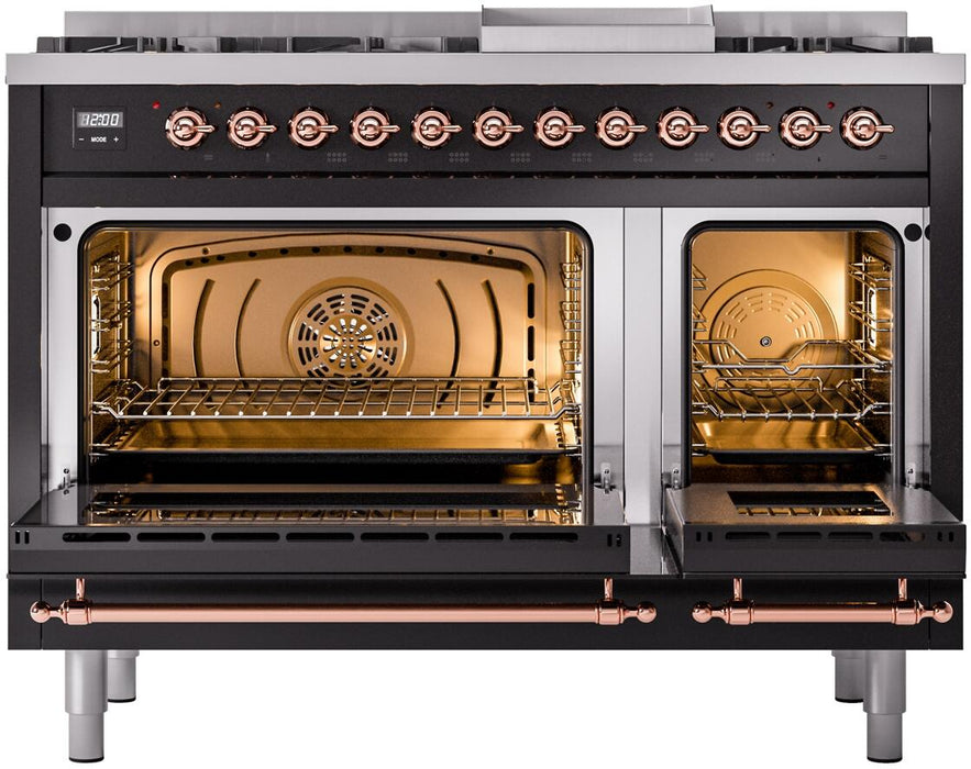 ILVE Nostalgie II 48" Dual Fuel Liquid Propane Range, Glossy Black, Copper Trim UP48FNMPBKPLP