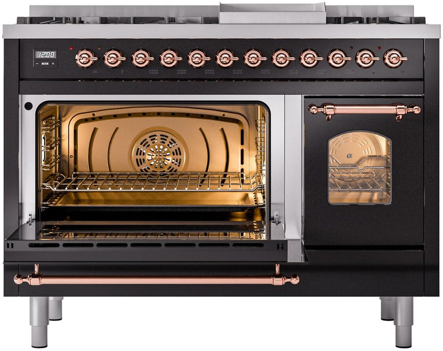 ILVE Nostalgie II 48" Dual Fuel Natural Gas Range, Glossy Black, Copper Trim UP48FNMPBKP