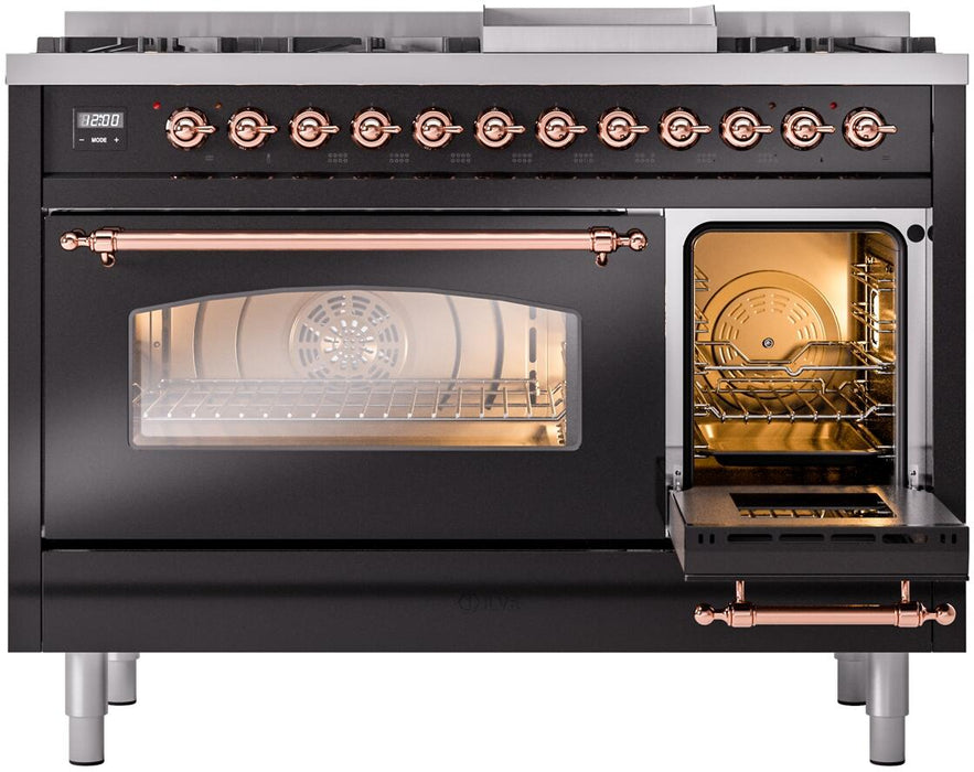 ILVE Nostalgie II 48" Dual Fuel Natural Gas Range, Glossy Black, Copper Trim UP48FNMPBKP