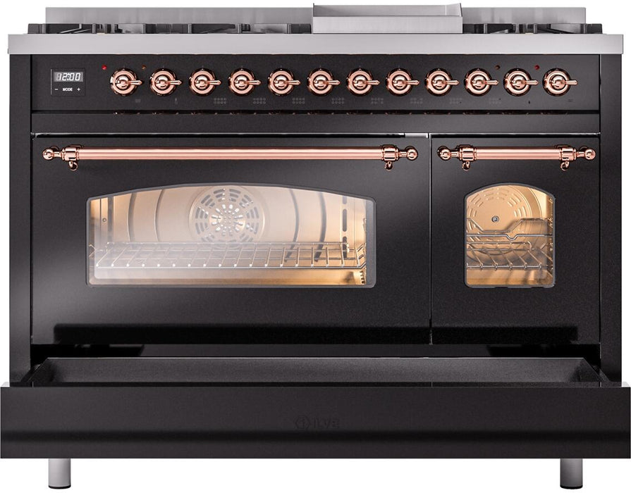 ILVE Nostalgie II 48" Dual Fuel Liquid Propane Range, Glossy Black, Copper Trim UP48FNMPBKPLP