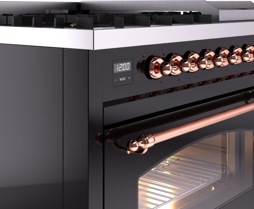 ILVE Nostalgie II 48" Dual Fuel Natural Gas Range, Glossy Black, Copper Trim UP48FNMPBKP