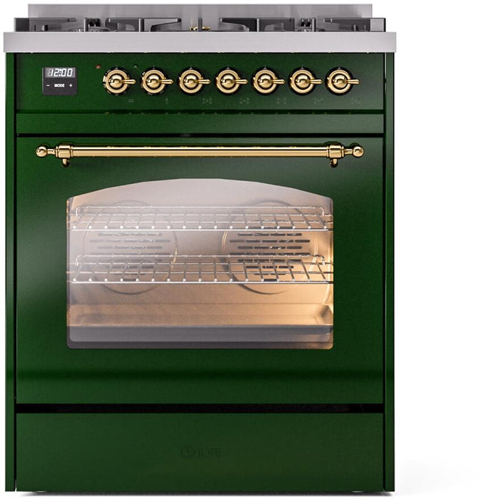 ILVE Nostalgie II 30" Dual Fuel Natural Gas Range, Emerald Green, Brass Trim UP30NMPEGG