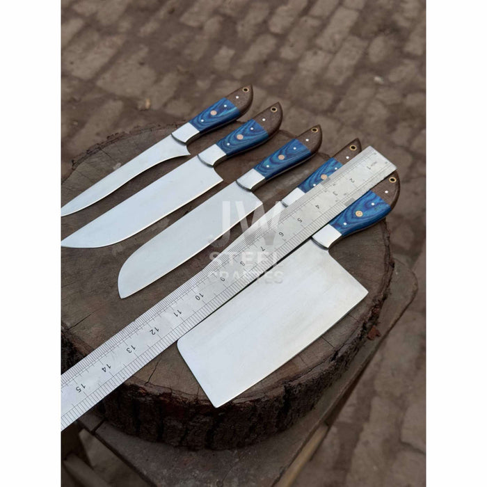 Blue Wood Damascus Chef Knife Set: 5-Piece Handmade Collection