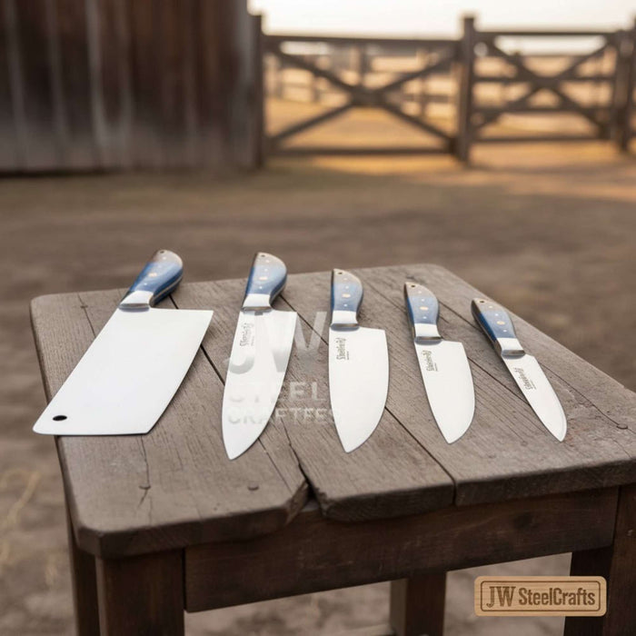 Blue Wood Damascus Chef Knife Set: 5-Piece Handmade Collection