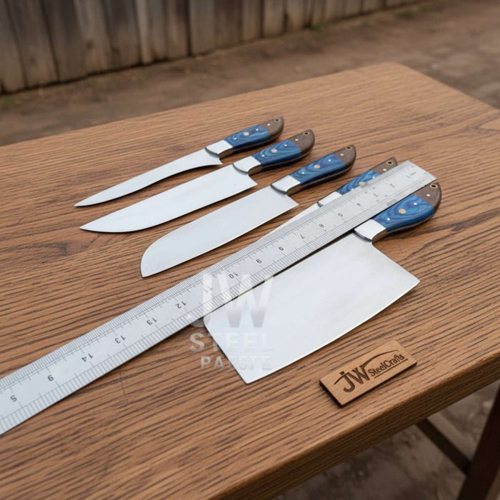 Blue Wood Damascus Chef Knife Set: 5-Piece Handmade Collection