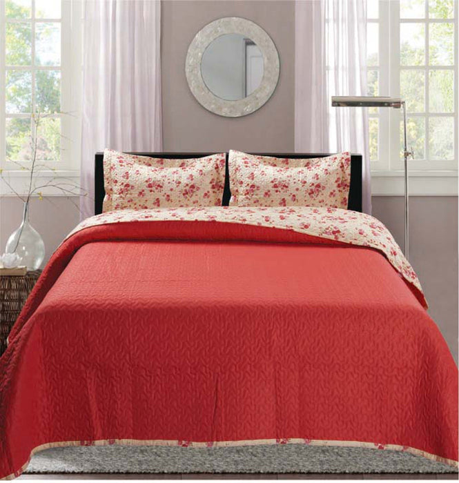 Premius Bryson Rose Printed Reversible Quilt Set, Red