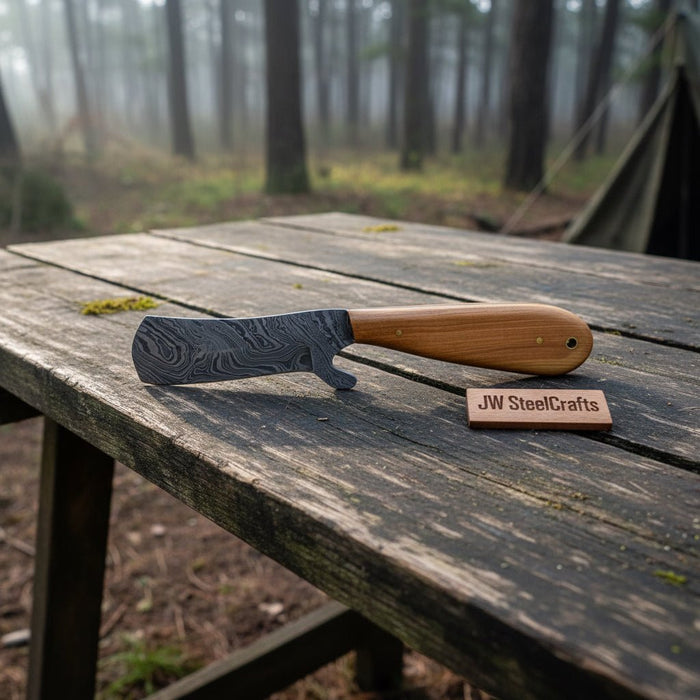 Damascus Bull Cutter Knife Twisted Steel Olive Wood Handle
