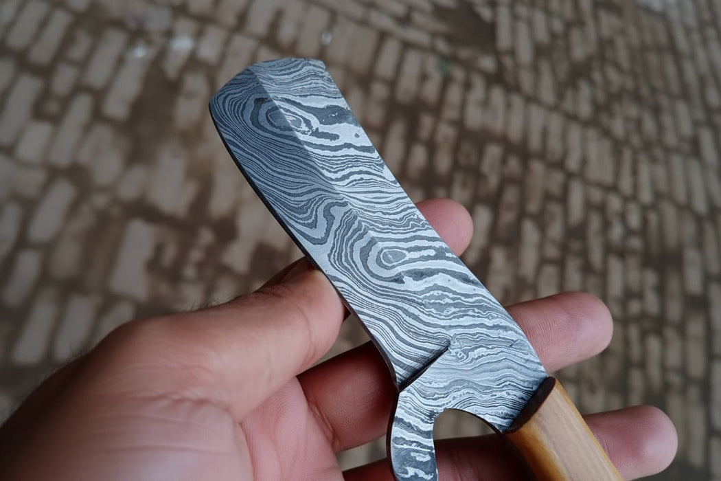 Damascus Bull Cutter Knife Twisted Steel Olive Wood Handle