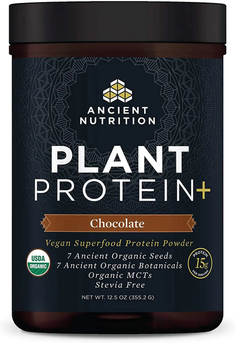 Ancient Nutrition - Plant Protein+ Organic Chocolate, 12.5 oz - Plant Based Protein