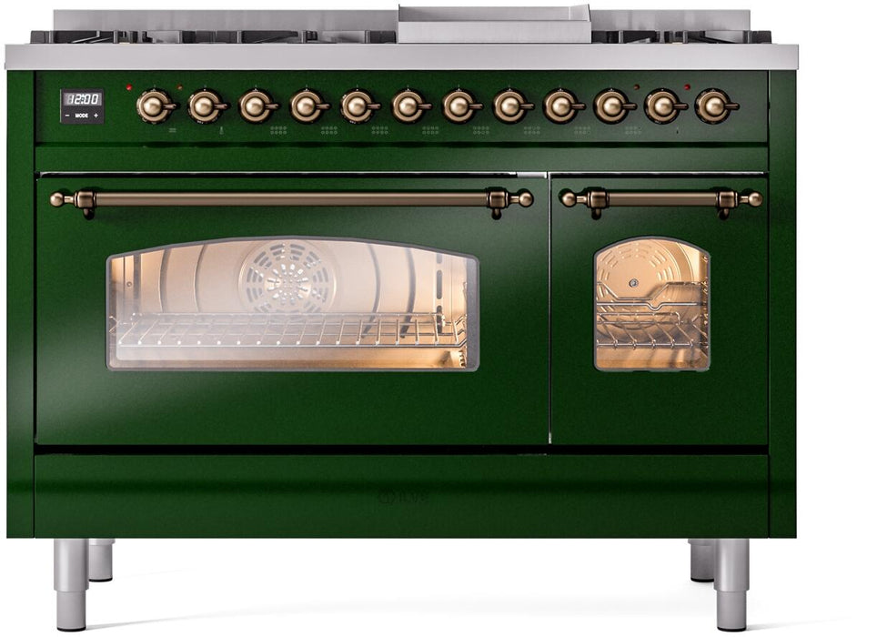 ILVE Nostalgie II 48" Dual Fuel Natural Gas Range, Emerald Green, Bronze Trim UP48FNMPEGB