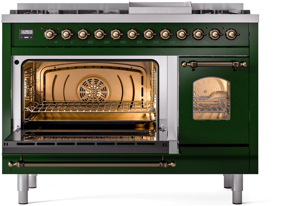 ILVE Nostalgie II 48" Dual Fuel Natural Gas Range, Emerald Green, Bronze Trim UP48FNMPEGB