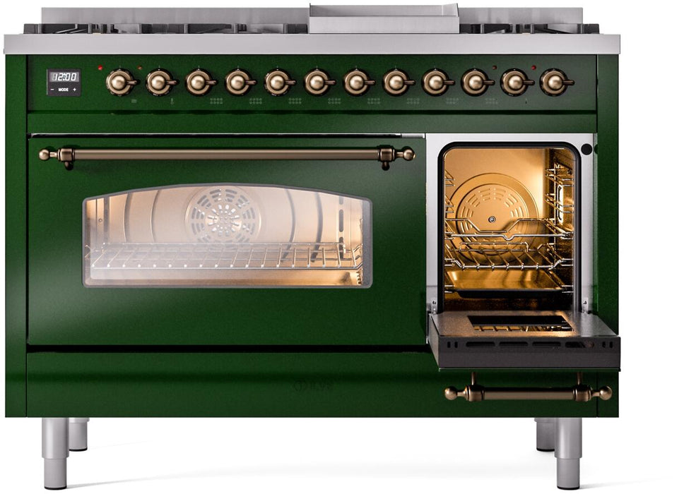 ILVE Nostalgie II 48" Dual Fuel Natural Gas Range, Emerald Green, Bronze Trim UP48FNMPEGB