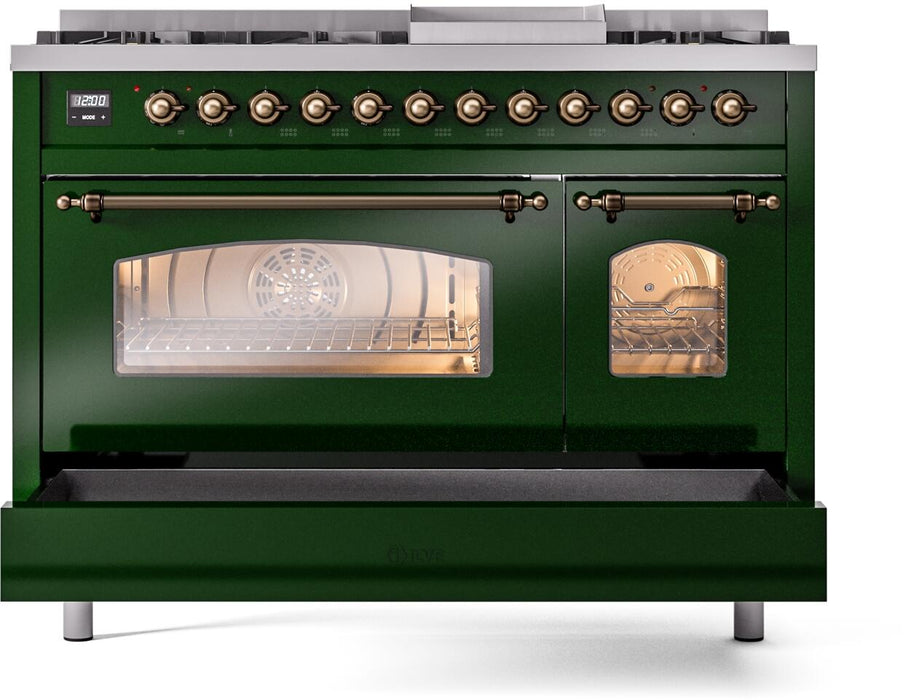 ILVE Nostalgie II 48" Dual Fuel Natural Gas Range, Emerald Green, Bronze Trim UP48FNMPEGB