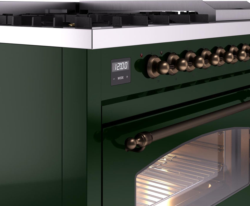 ILVE Nostalgie II 48" Dual Fuel Natural Gas Range, Emerald Green, Bronze Trim UP48FNMPEGB