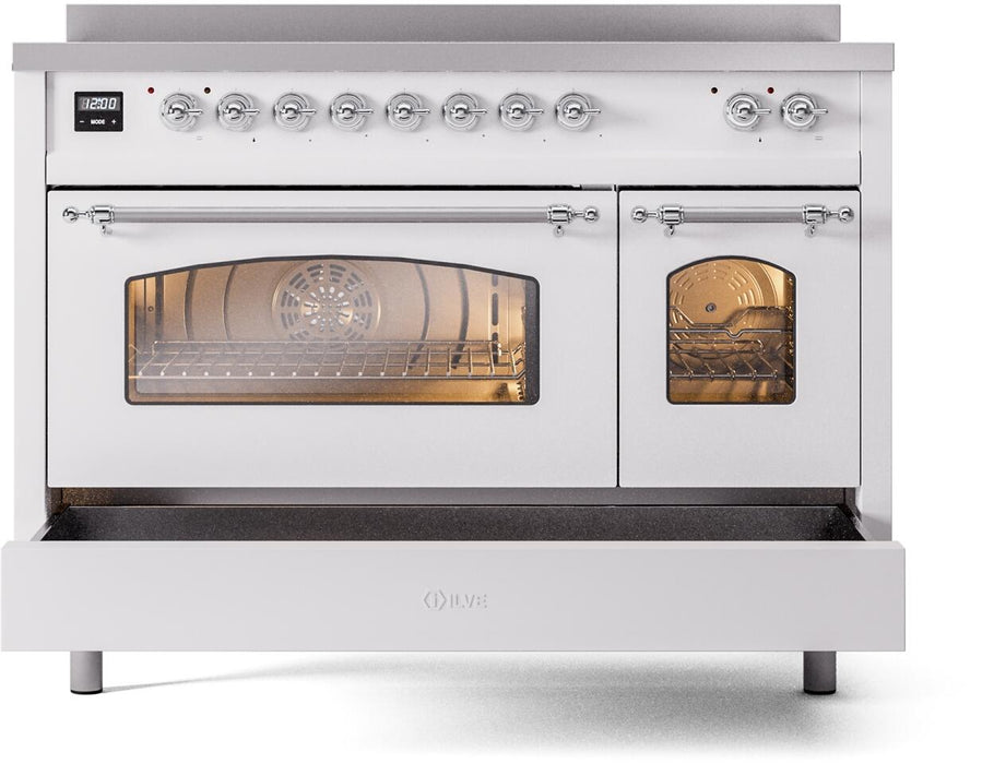 ILVE Nostalgie II 48" Electric Range, White, Chrome Trim UPI486NMPWHC