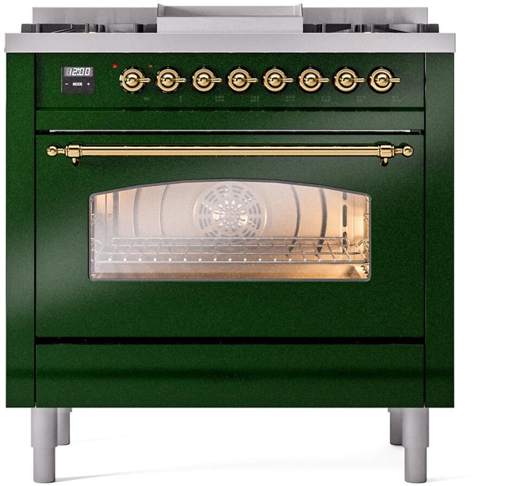 ILVE Nostalgie II 36" Dual Fuel Liquid Propane Range, Emerald Green, Brass Trim UP36FNMPEGGLP