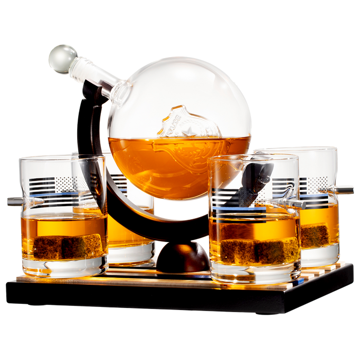 Police Officers Decanter - Whiskey and Wine Set 850ml & Four 10oz Glasses, Thin Blue Line Flag Base - Law Enforcement Gifts, Police & Police Academy, Gift Set First Responders! Gifts for Dad
