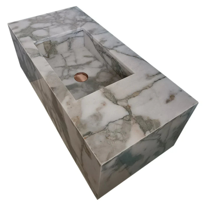 Calacatta Verde Marble Rectangular Wall-mount Bathroom Sink with 10" Backsplash (W)16" (L)34" (H)12"