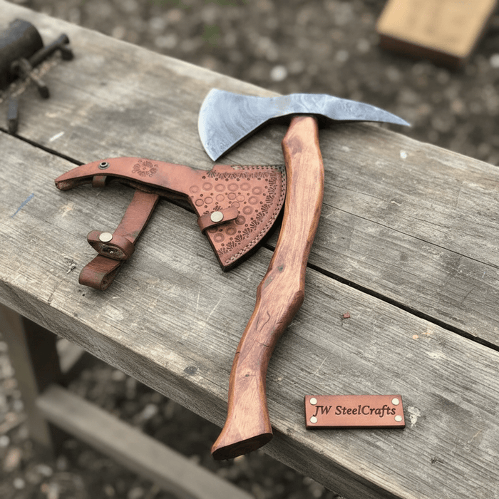 Camping Axe Damascus Steel 20 Inch Rosewood Handle with Leather Sheath