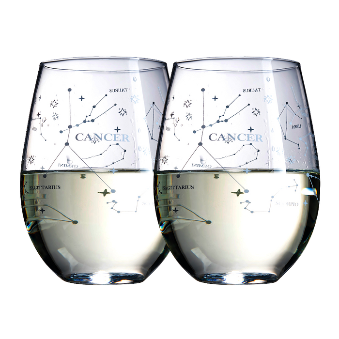 Set of 2 Zodiac Sign Wine Glasses with 2 Wooden Coasters by The Wine Savant - Astrology Drinking Glass Set with Etched Constellation Tumblers for Juice, Water Home Bar Horoscope Gifts 18oz (Cancer)