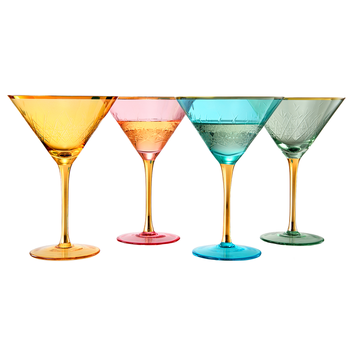 Crystal Gold Rimmed Champagne, Martini, Cocktails Glasses - Set of 4