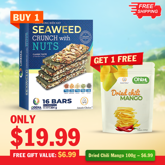 Amazin Choices Premium Seaweed Crunch with Nuts (16 Bars) – Healthy Vegan Snack – Buy for $19.99 Get FREE Dried Chili Mango 3.52oz ($7.99 Value) – Snack Viet