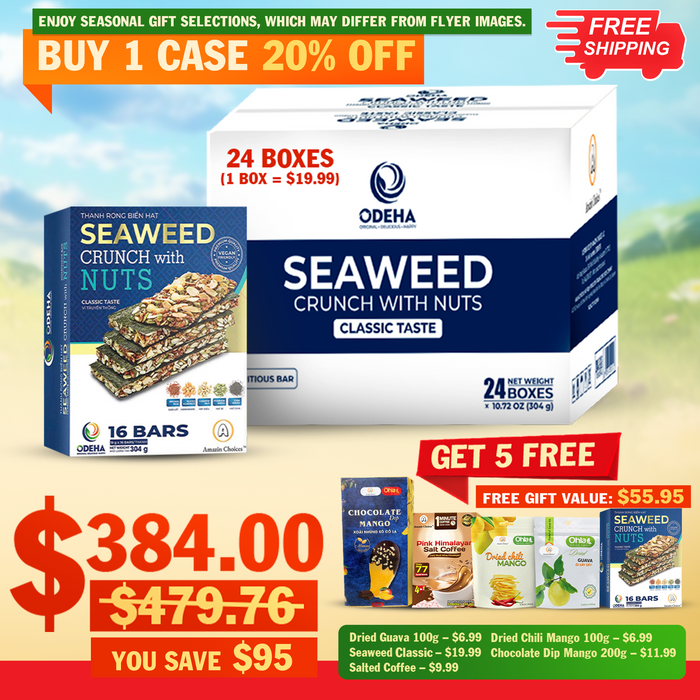 BIG DEAL! Buy 1 Case Seaweed Crunch with Nuts (24 Boxes, 16 Bars Each) – Original Price $479.76 → Now $384 (20% OFF) + FREE Viet Snack Gift Set ($95 Value: Dried Guava, Chili Mango, Wasabi Seaweed, Pink Salt Coffee, Chocolate Dip Mango)