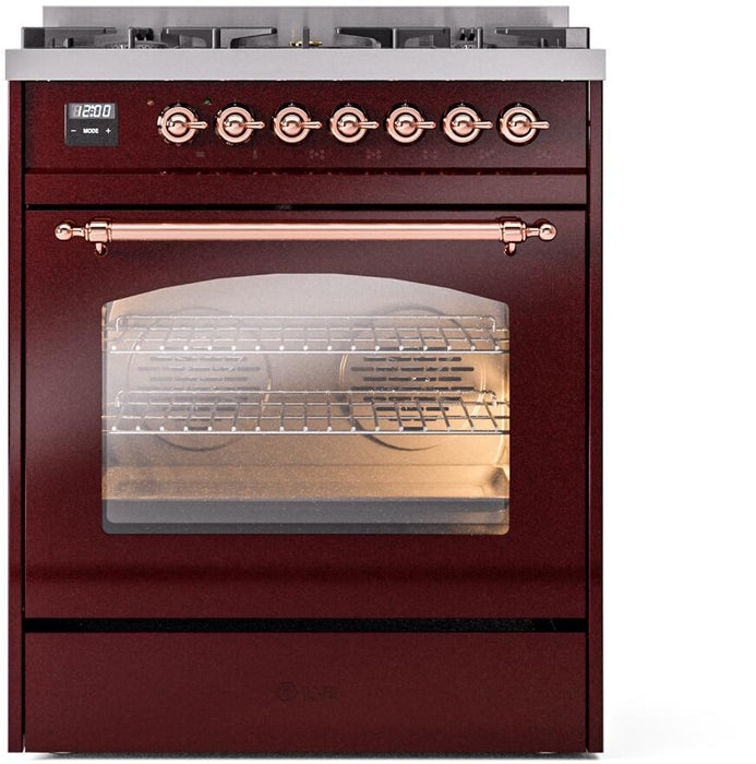 ILVE Nostalgie II 30" Dual Fuel Natural Gas Range, Burgundy, Copper Trim UP30NMPBUP