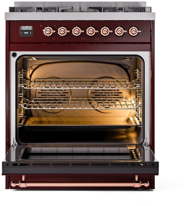 ILVE Nostalgie II 30" Dual Fuel Natural Gas Range, Burgundy, Copper Trim UP30NMPBUP