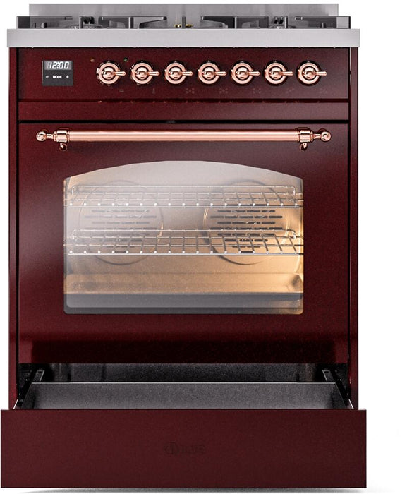ILVE Nostalgie II 30" Dual Fuel Liquid Propane Range, Burgundy, Copper Trim UP30NMPBUPLP