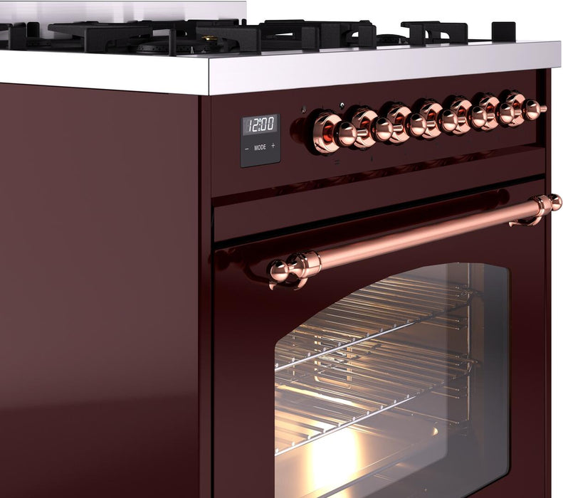 ILVE Nostalgie II 30" Dual Fuel Liquid Propane Range, Burgundy, Copper Trim UP30NMPBUPLP