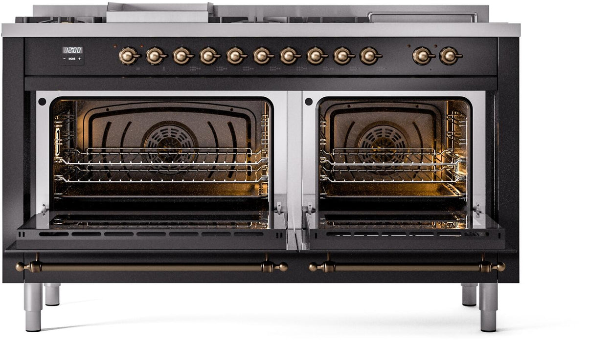 ILVE Nostalgie II 60" Dual Fuel Natural Gas Range, Glossy Black, Bronze Trim UP60FSNMPBKB