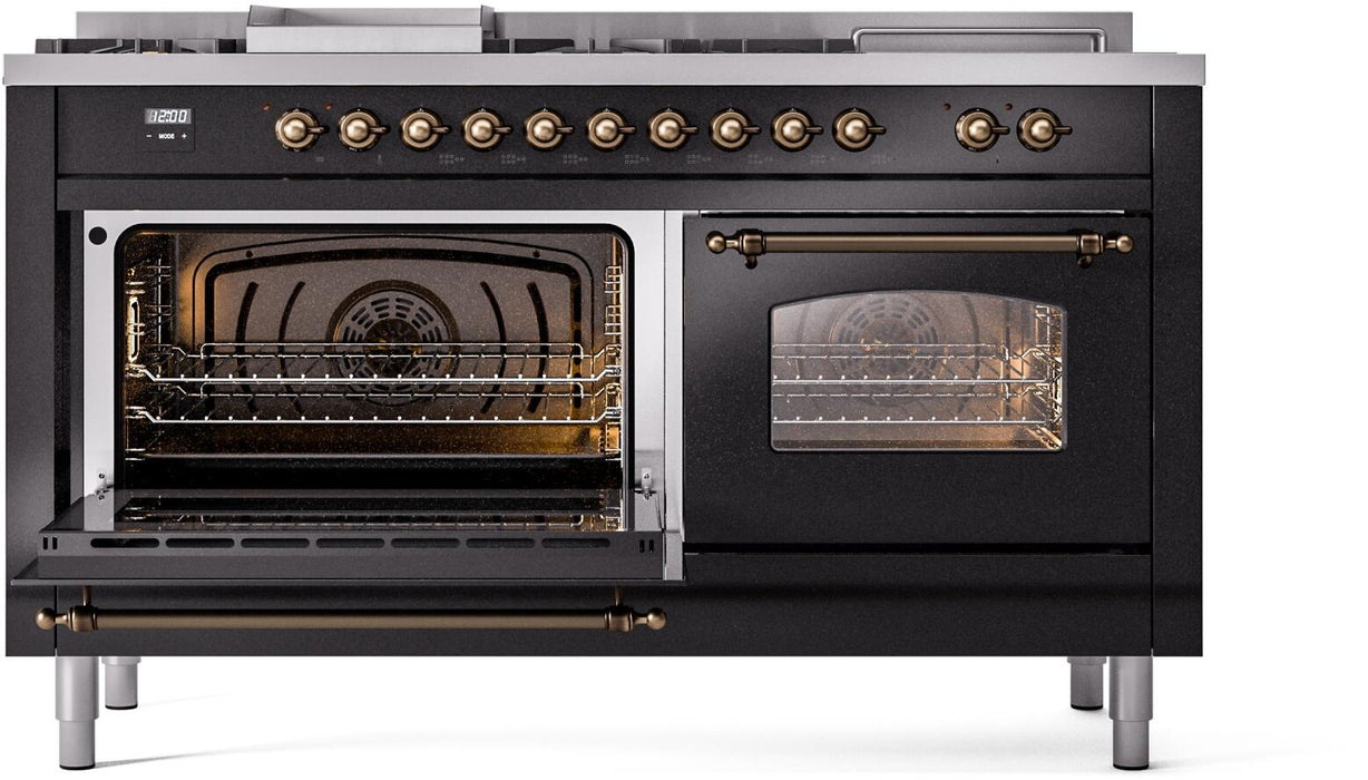 ILVE Nostalgie II 60" Dual Fuel Natural Gas Range, Glossy Black, Bronze Trim UP60FSNMPBKB
