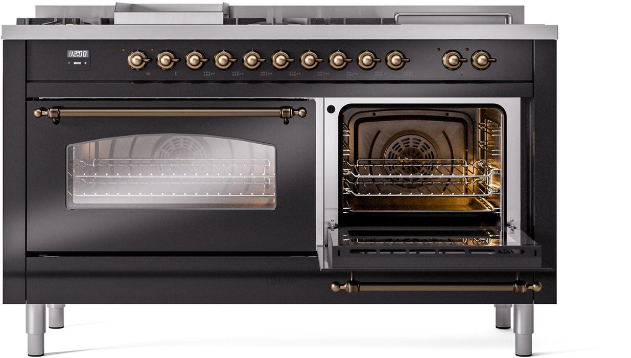 ILVE Nostalgie II 60" Dual Fuel Natural Gas Range, Glossy Black, Bronze Trim UP60FSNMPBKB