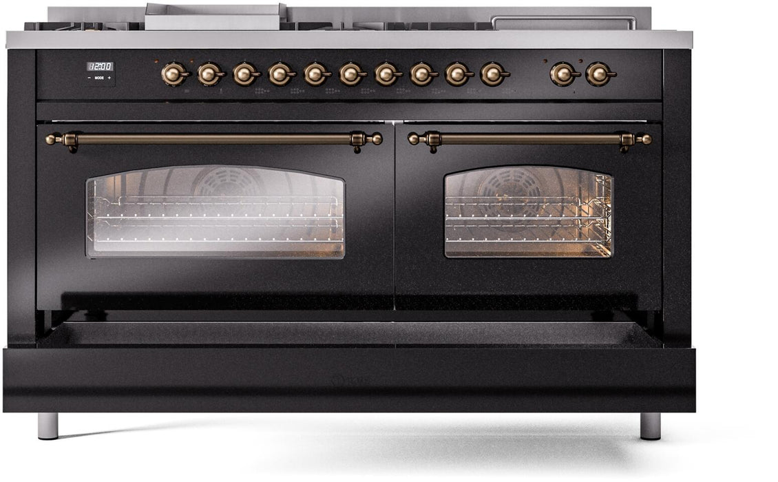 ILVE Nostalgie II 60" Dual Fuel Liquid Propane Range, Glossy Black, Bronze Trim UP60FSNMPBKBLP