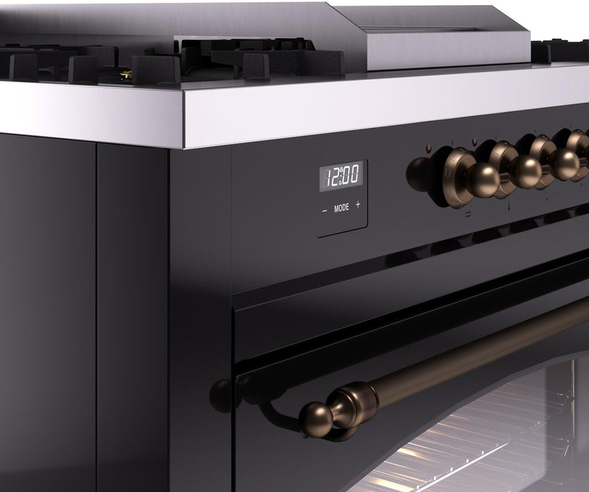 ILVE Nostalgie II 60" Dual Fuel Liquid Propane Range, Glossy Black, Bronze Trim UP60FSNMPBKBLP