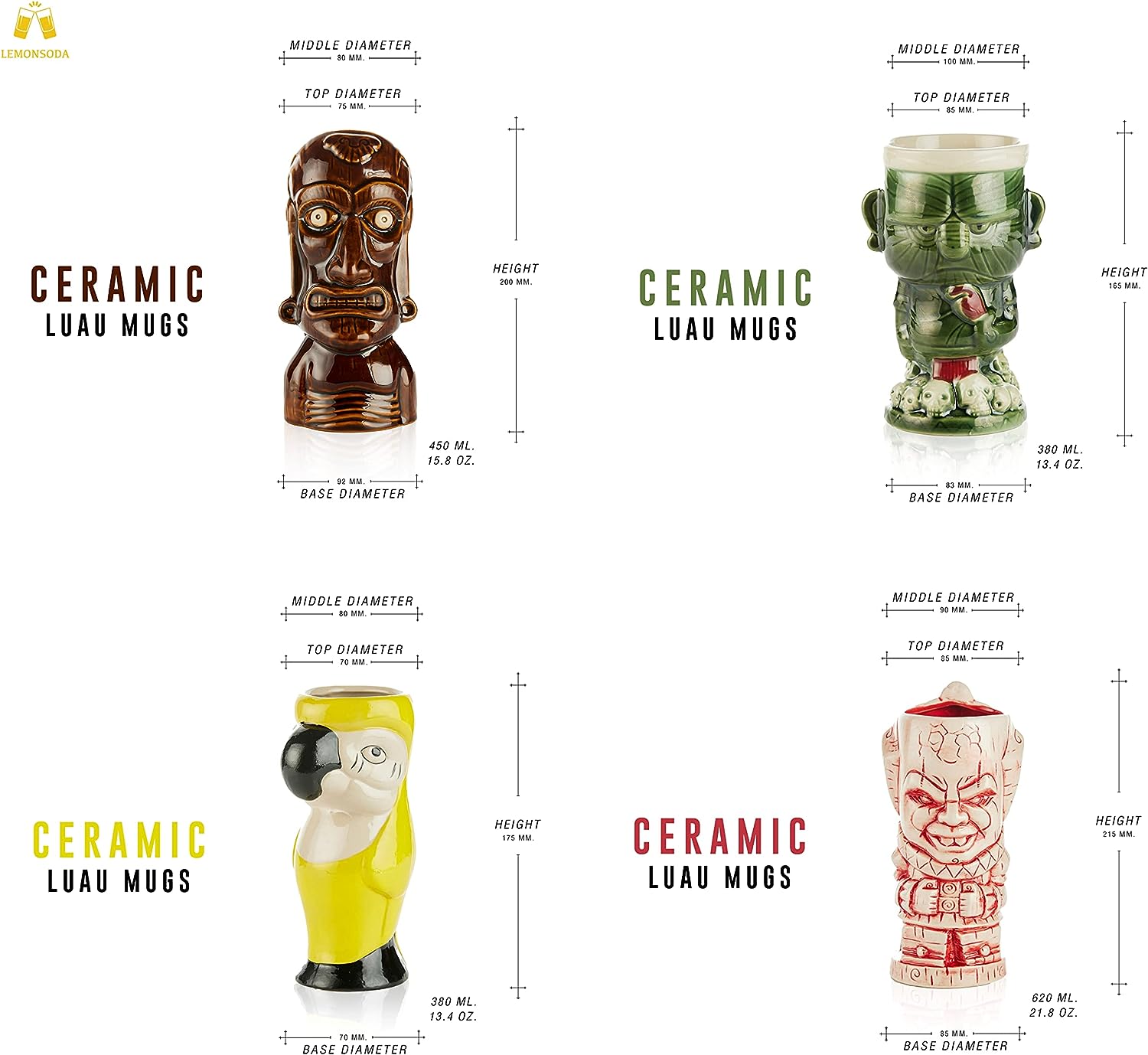 Ceramic Hawaiian Luau Tiki Mugs (Set of 4