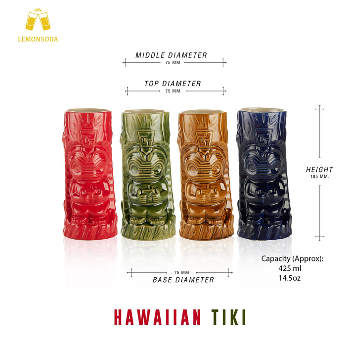 Ceramic Hawaiian Tiki Mugs Set of 4 (17 oz)