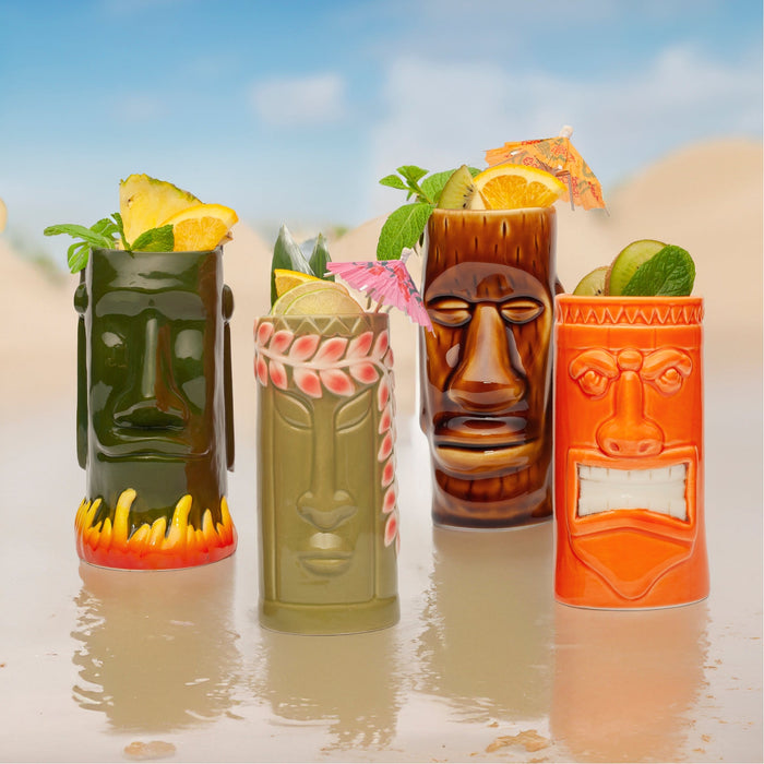 Ceramic Tiki Mugs, Set of 8 - 18-23.5oz - Perfect for Exotic Cocktails, Iced Tea, Soda, Mai Tai, Long Island