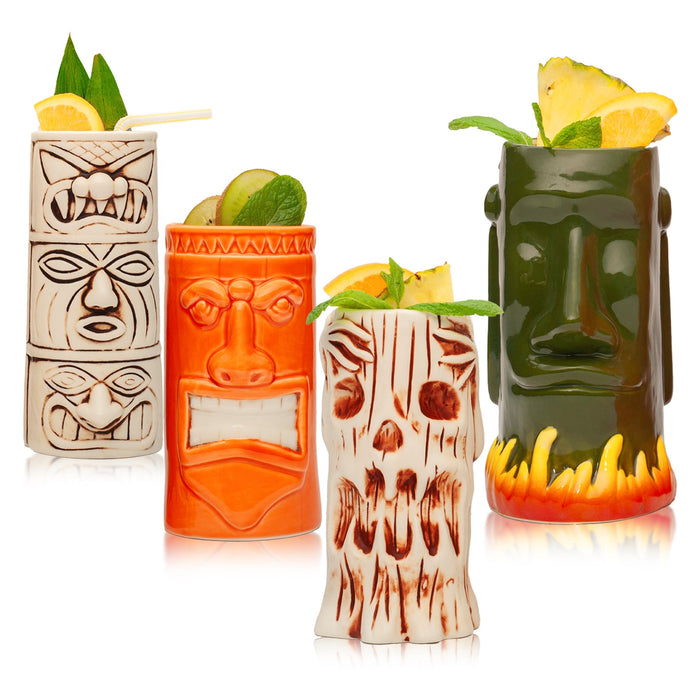 Ceramic Tiki Mugs, Set of 8 - 18-23.5oz - Perfect for Exotic Cocktails, Iced Tea, Soda, Mai Tai, Long Island