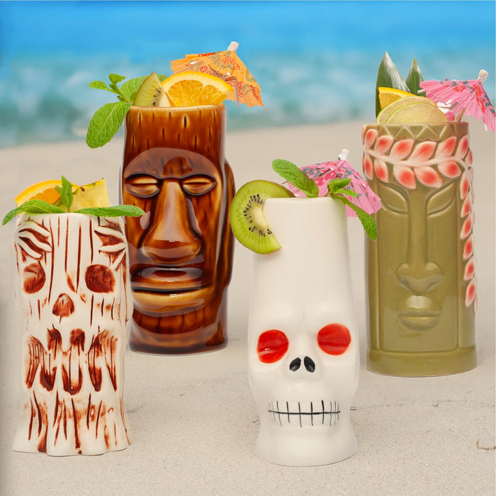 Ceramic Tiki Mugs, Set of 8 - 18-23.5oz - Perfect for Exotic Cocktails, Iced Tea, Soda, Mai Tai, Long Island