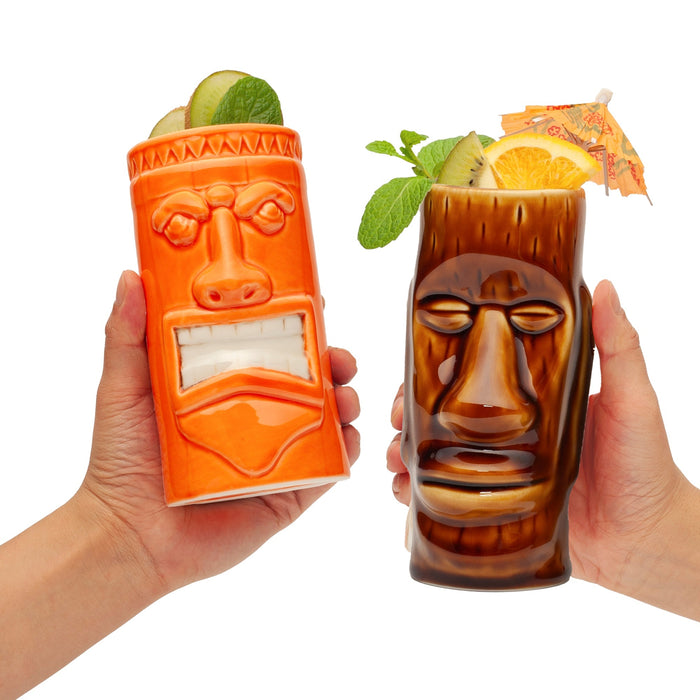 Ceramic Tiki Mugs, Set of 8 - 18-23.5oz - Perfect for Exotic Cocktails, Iced Tea, Soda, Mai Tai, Long Island