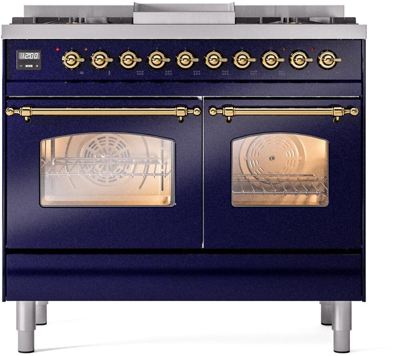 ILVE Nostalgie II 40" Dual Fuel Liquid Propane Range, Blue, Brass Trim UPD40FNMPMBGLP