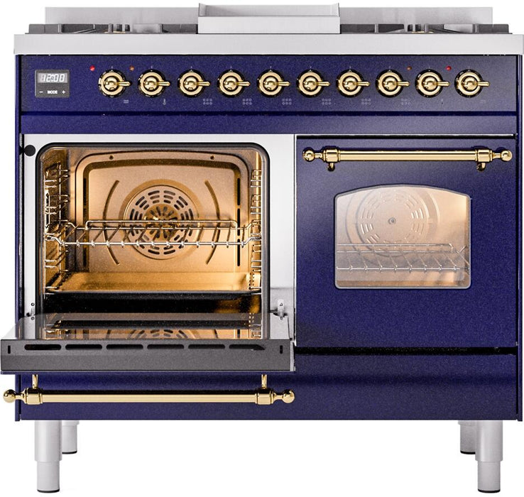 ILVE Nostalgie II 40" Dual Fuel Liquid Propane Range, Blue, Brass Trim UPD40FNMPMBGLP